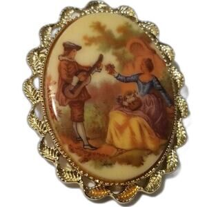 Fragonard Victorian Design Oval Courting Lover Brooch Gold Scallop Frame Vintage